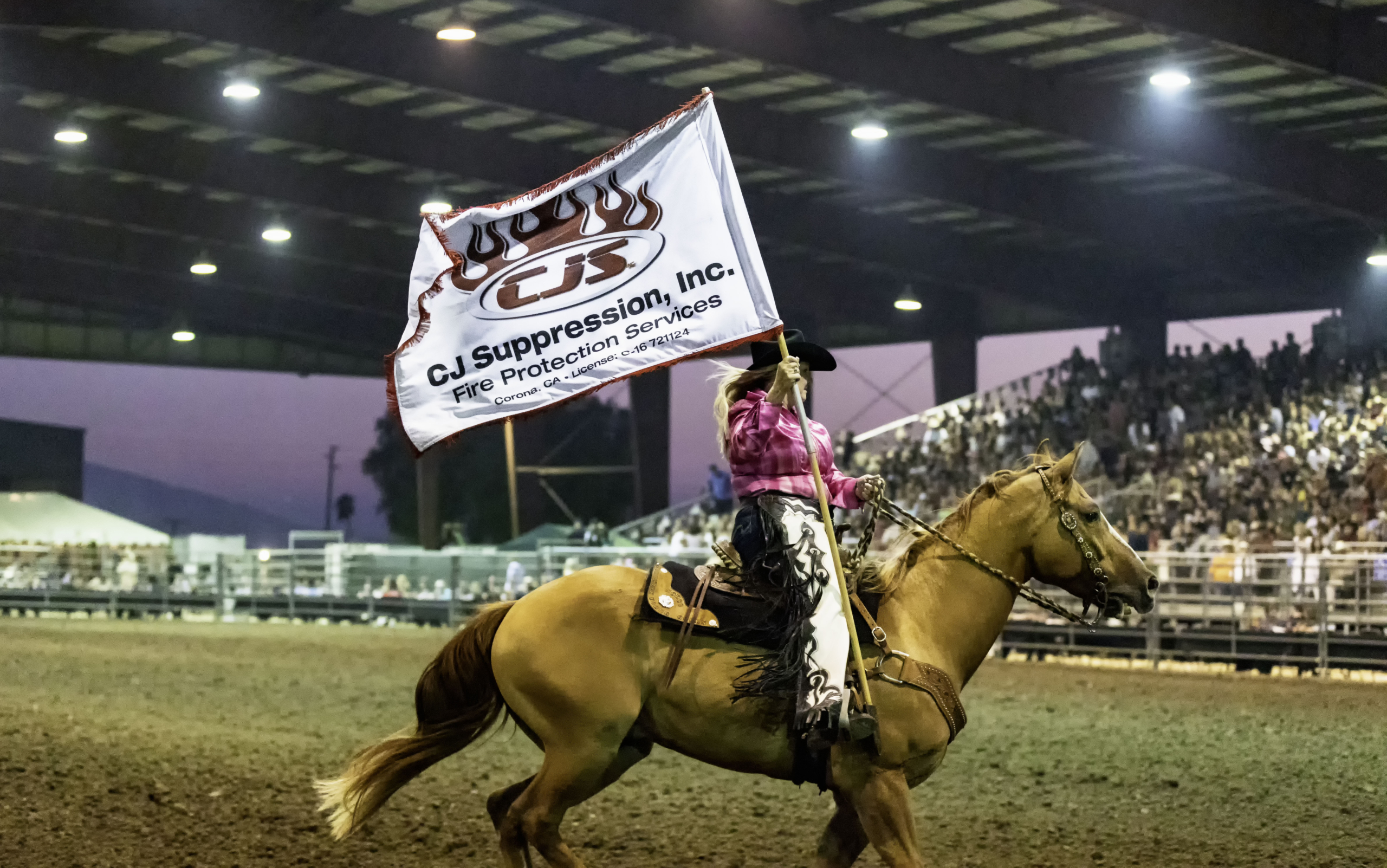 a person riding a horse holding a flag